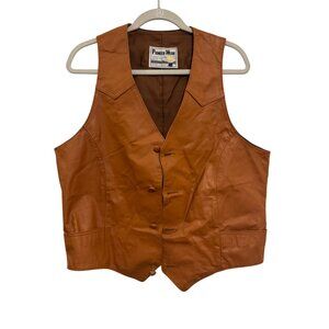 Vintage Pioneer Wear Leather Vest Button-Up Western Mens Size L Brown Made In US
